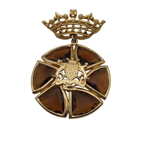 VTG Brooch Bretagne Coat of Arms Brittany Amber Glass France Made Gold Tone Pin - Picture 1 of 16